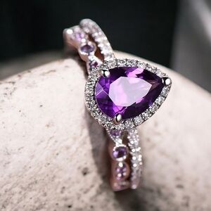 Elegant Silver Plated Purple Teardrop Ring Size US 8